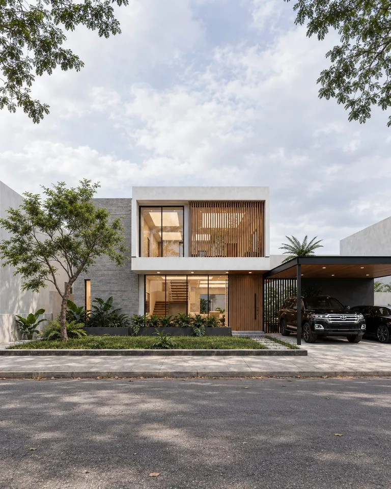 Contoh hasil foto: rumah dua lantai dengan carport dan taman